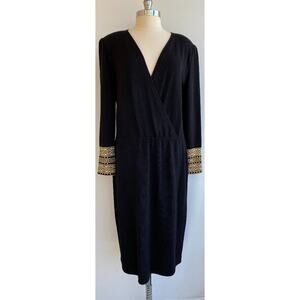 VTG St John Santana Knit Long Sleeve Knee Length Gold Cuff Dress sz 14/16